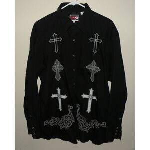 B & D Panhandle Slim Men’s XL LS Western Snap Shirt Black Embroidered Crosses